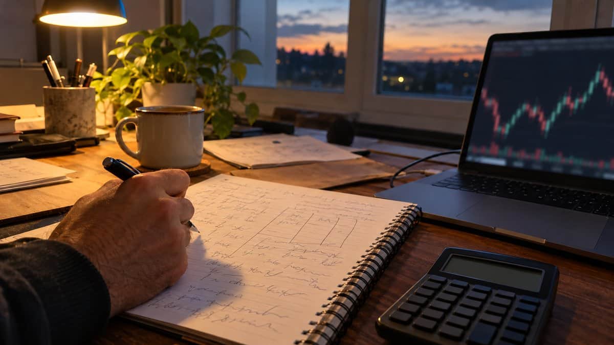 Hand writing in a paper trading journal beside a laptop with a blurred chart, a calculator and a mug on a home desk